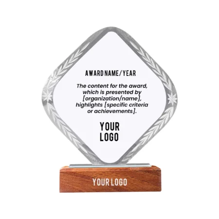 Rhombus Shaped Crystal Trophy With Wooden Base