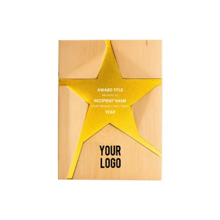 Wooden Trophy With Metal Star Gold/Silver
