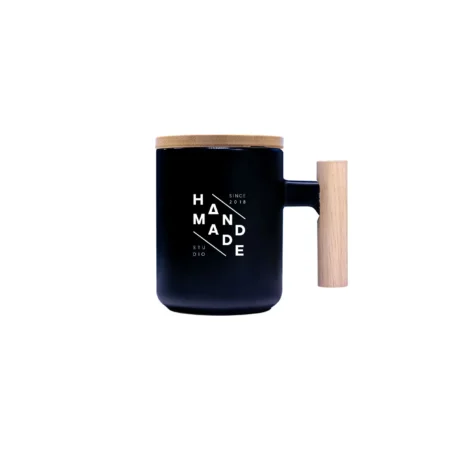 Eco-friendly ceramic mug with a stylish bamboo handle and lid Black