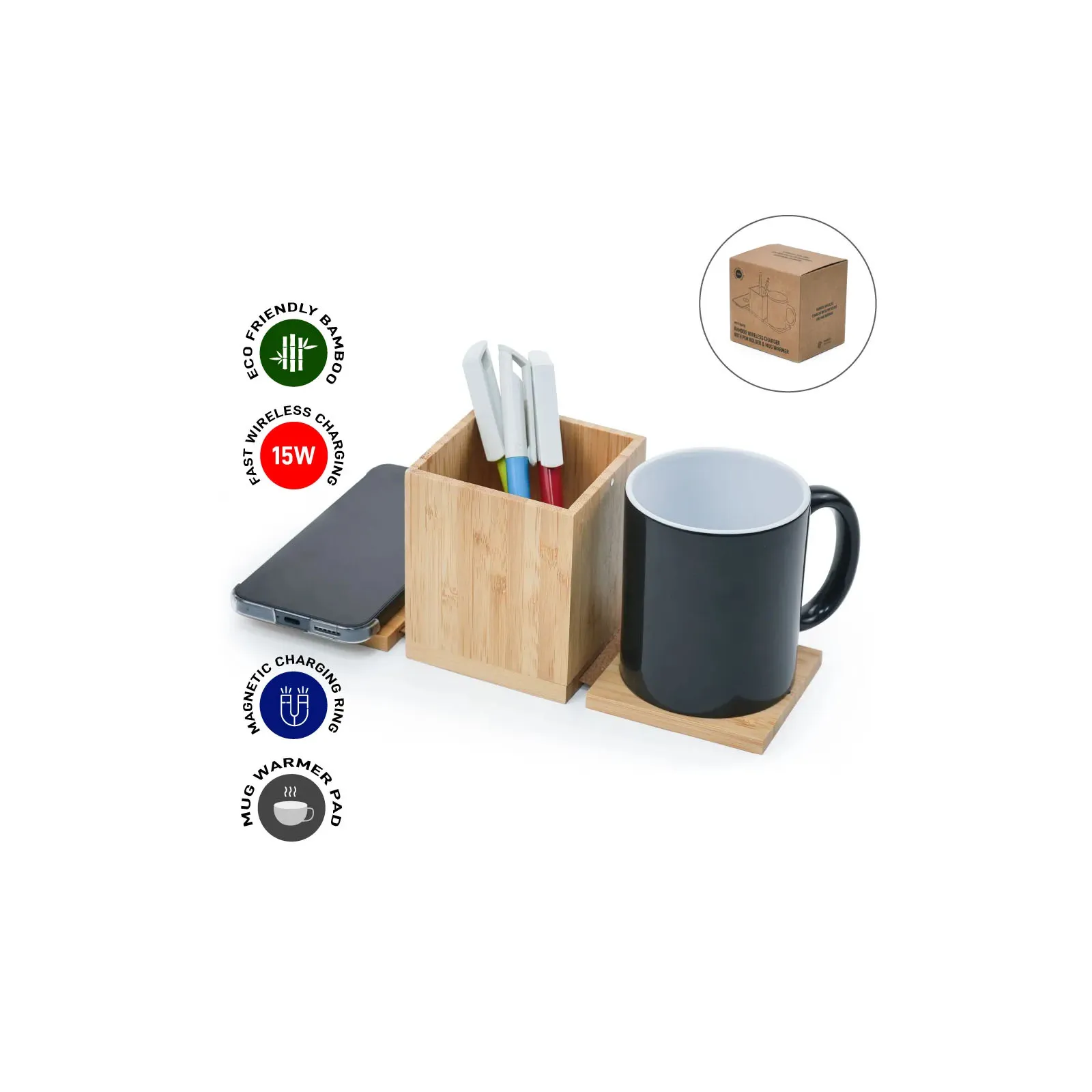 Foldable Fast Wireless Charging Pad 15W with Mug Warmer & Pen Holder