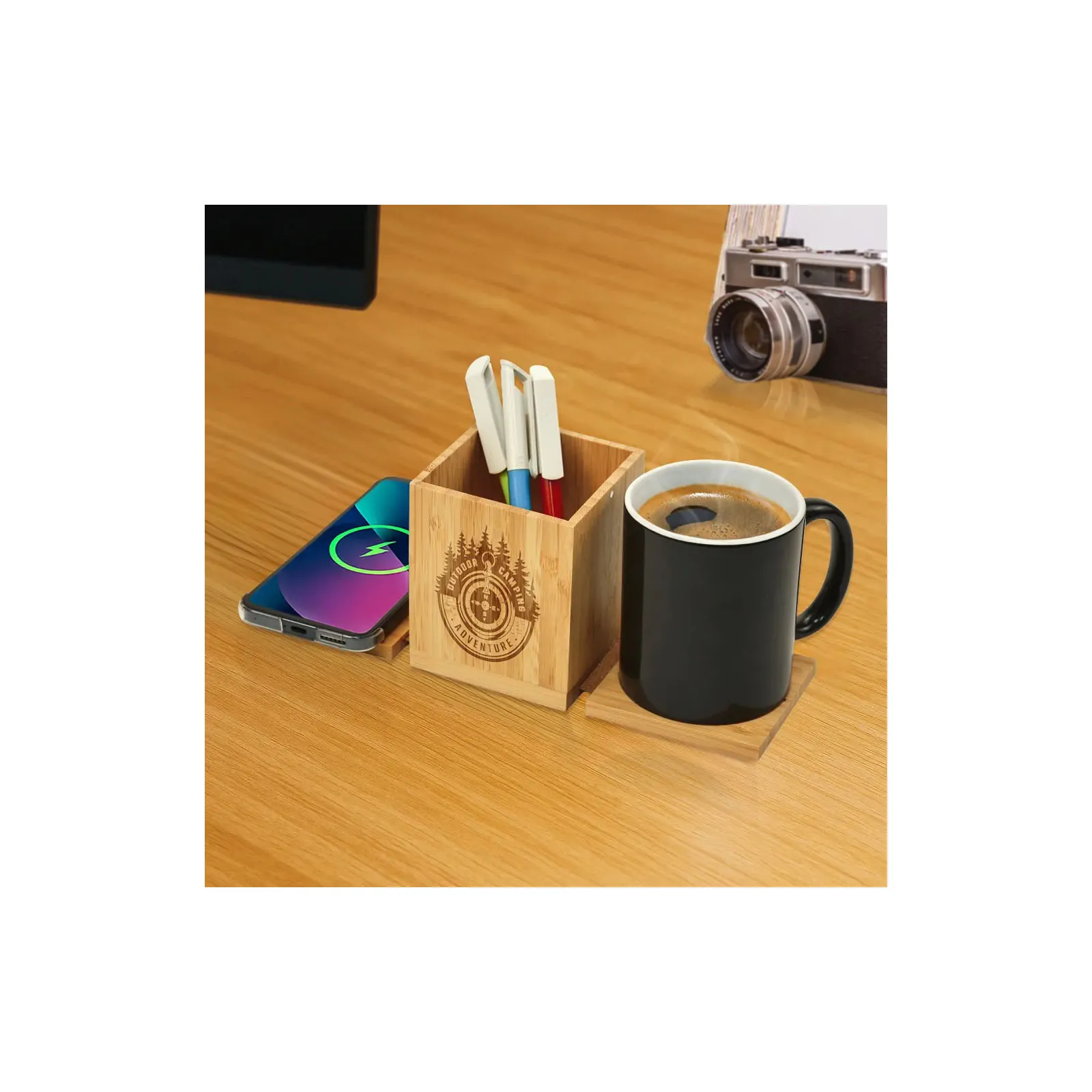 Foldable Fast Wireless Charging Pad 15W with Mug Warmer & Pen Holder